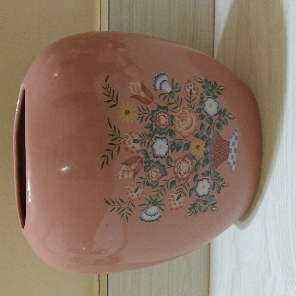 Vintage 1980s Pink Mauve Vase with Colorful Flower Basket Motif Albert E Price